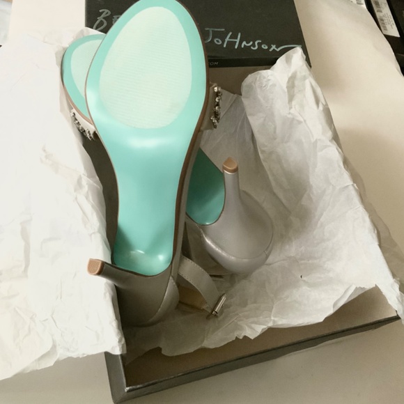 Betsey Johnson Gina Jeweled Ankle Strap Dress Sandals Silver Satin Stiletto Heel - Picture 11 of 12